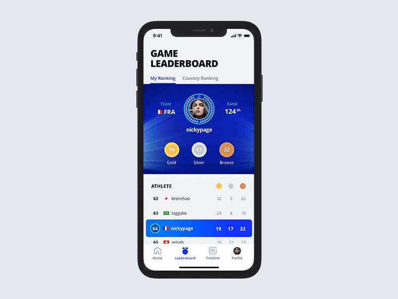 Game Leaderboard Interaction animation design game interaction design leaderboard motion graphics olympics prototyping rapid prototyping ui ui animation ui design ui ux design ux ux design