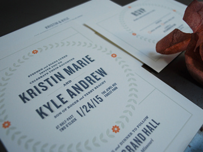 Kristin & Kyle Wedding Invite 3 color blue green invite letterpress orange type typography wedding