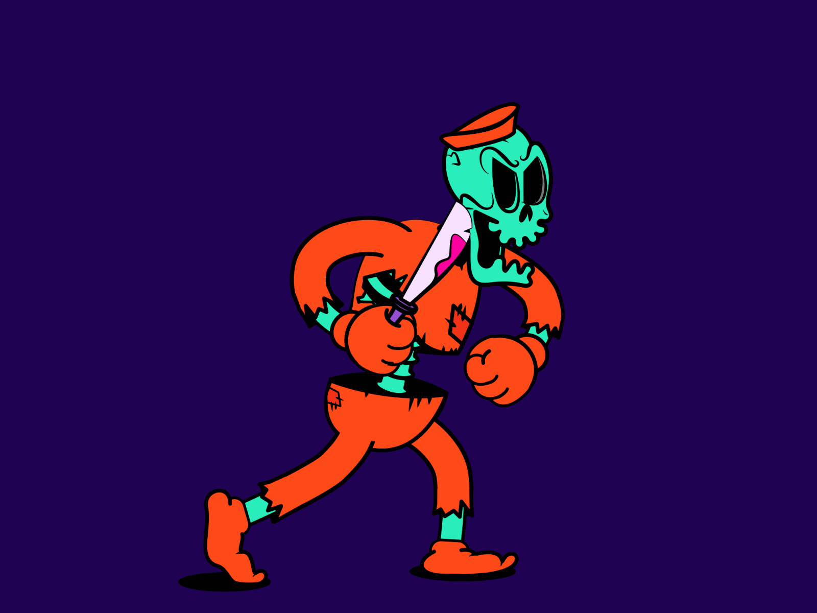 Spooky Angry Skeleton 2d after effects angry animation character design design die framebyframe halloween2022 illustration kill knife motion graphics orange prisoner rubberhose skeleton spooky walk walk cycle