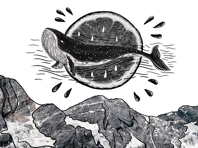 Over the mountains ⛰️🐋 black and white collageart drawing illustration illustration art ipad pro ipadpen mountain orange photography procreate sea whale