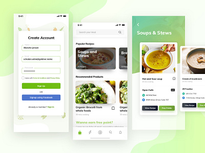 Food/ Recipe App Design diet food app green login recipe restaurant app search signup soups ui vegan