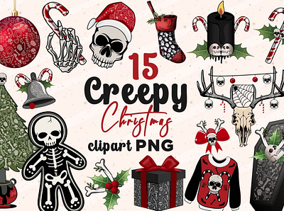 Creepy Gothic Christmas Clipart elements PNG christmas clipart designs creepy designs digital download file goth gothic illustration sublimation