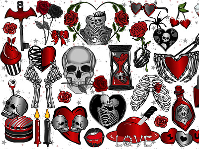 Spooky Gothic Valentines day Skeleton Clipart Bundle creepy design designs digital download illustration pastel goth skeleton spooky sublimation valentines day