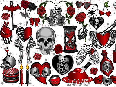 Spooky Gothic Valentines day Skeleton Clipart Bundle