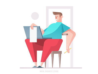 Flat Design Character Works From Home, Vector Illustration