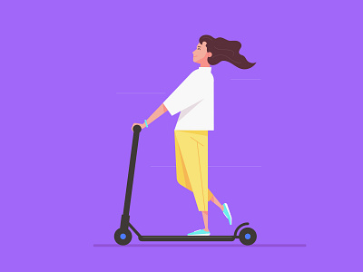 Flat Art Girl Character Rides an Electric Scooter Illustration