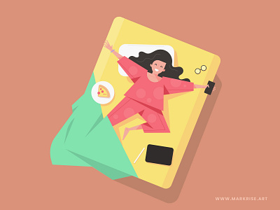 Flat Girl Illustration Lies In Bed, Vector Cartoon Design