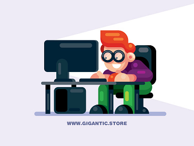 Flat Design Character Man on the Desktop Computer