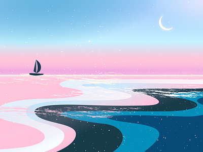 Pink Sea 💙 blue illustration moon pink sea sunset