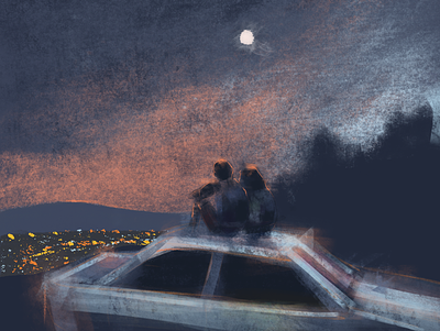 Let's get away from here car city couple girl illustration lights man moon night procreate