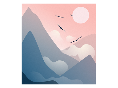 The Sun and Mountains birds blue illustraion mountains nature pink sky