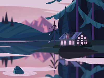 House by the lake at dust design graphic design illustration minimal vector