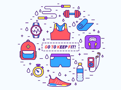 Go To Keep Fit bag clothes design earphone flat icon illustration keepness mbe shoes trousers ui watch water