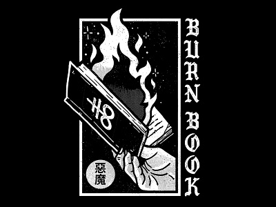 Burn Book band merch black and white book devil drawing fire illustration merch design shirt design stars