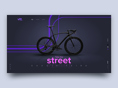 vtt. adobe xd bicycle bike clean concept curve dark homepage line minimal purple ride ui webdesign website