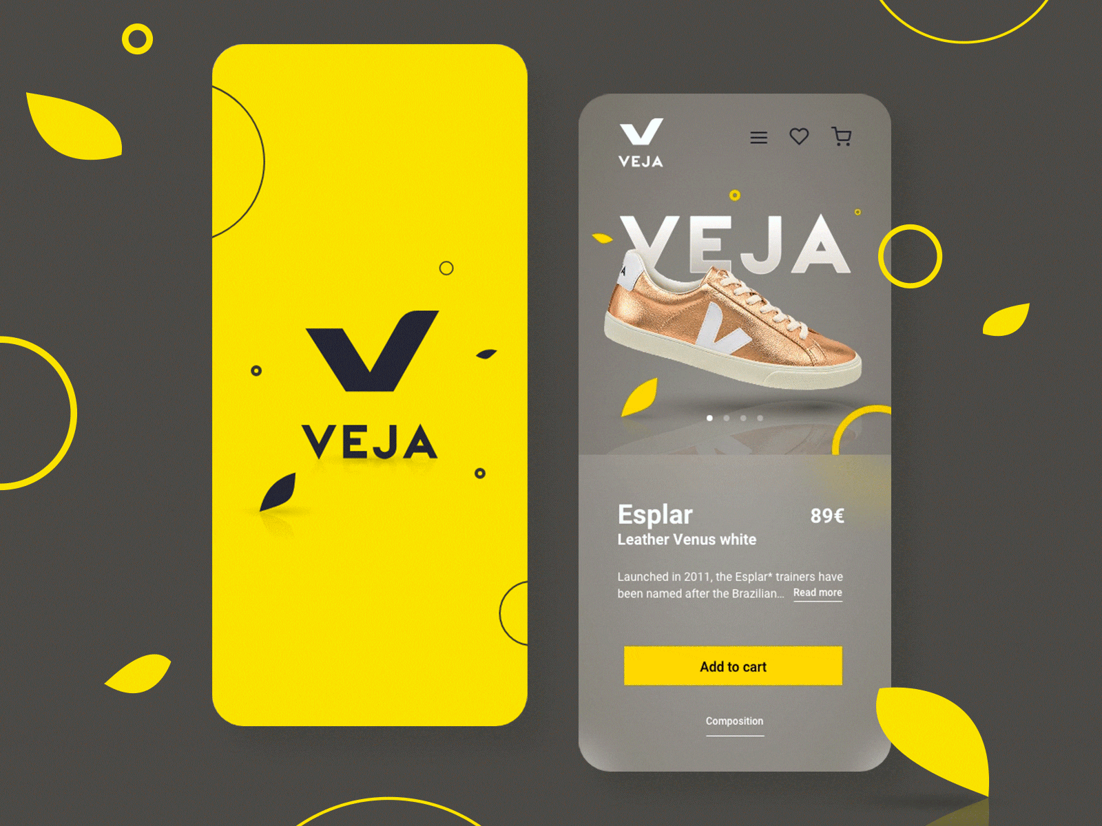 Veja adobe xd animated flat gold minimal mobile mobile app mobile ui shoes shopping simple sneakers ui ux yellow