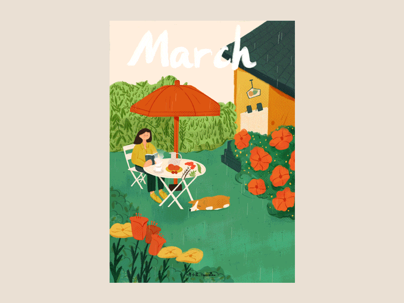 March characterdesign design dog green illustration rain spring wallpaper yellow 插图 设计