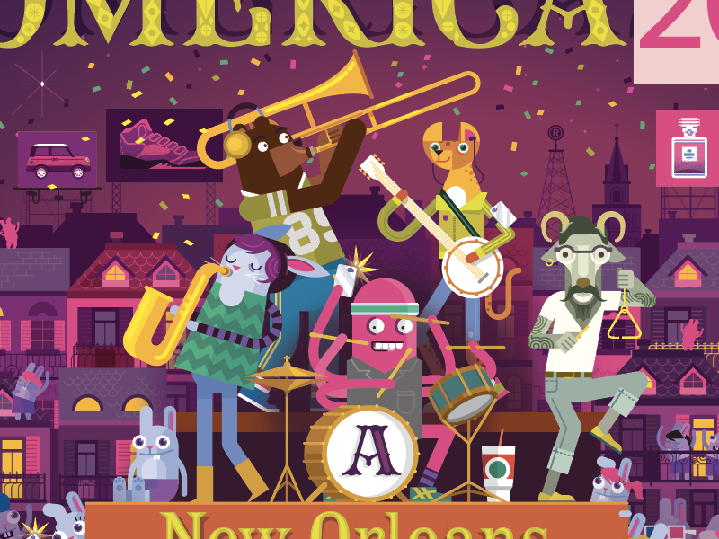 Animal Band character vector illustration music billboard trumpet banjo sax drums new orleans city bunny rabbit bear cheetah goat octopus band animal animals