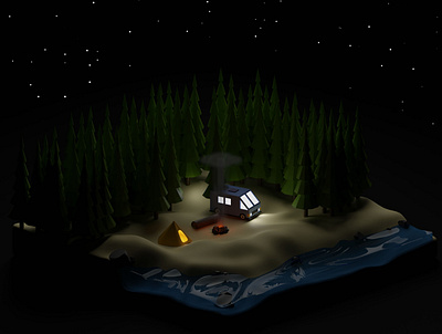 Camp forest Night Version 3d Render 3d 3d illustration 3d render camp design forest illustration isometric low poly night