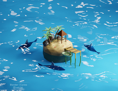 Island Boy 3d 3d illlustration 3d render blue illustration island isometric low poly ocean palm tree sea shark summer water wave