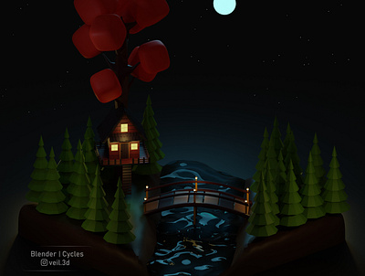 Dream Forest 3d 3d illlustration 3d render design dream forest house illustration isometric low poly moon night stars