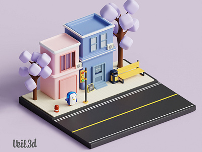 Adorable Penguin Isometric 3d 3d illlustration 3d render adorable city cute design illustration isometric low poly pastel penguin say hi street tree