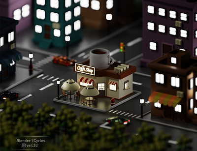 Coffe Shop Isometric 3d 3d illlustration 3d render coffe coffe shop design illustration isometric low poly night town