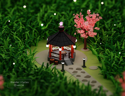 Pavilion Isometric 3d 3d illlustration 3d render design fireflies illustration isometric low poly night pavilion sakura tree