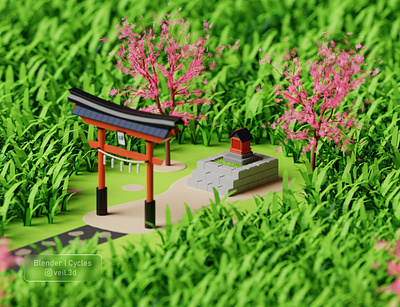 Torii Gate Isometric 3d 3d illlustration 3d render design gate grass illustration isometric low poly sakura torii tree