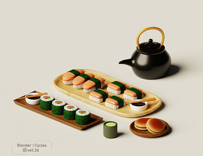 Sushi set with dorayaki and tea 3d 3d illlustration 3d render design dorayaki green tea illustration isometric low poly sushi tasty