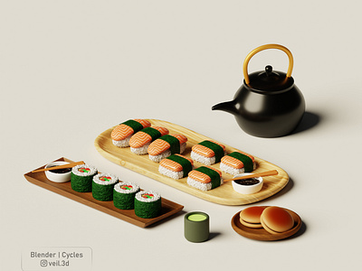 Sushi set with dorayaki and tea