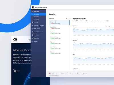 CA Technologies. Graphs dashboard. blue clean dashboard design graph list ui ux web white