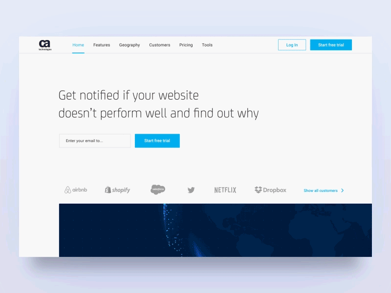 CA Technologies. Landing page. blue clean design globe graph landing ui ux web white