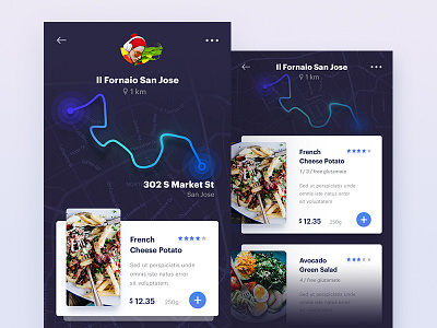 Neon food delivery app card dark design list neon route ui ux vibrant