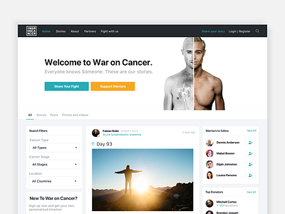 War on Cancer landing page activity feed cancer clean feed follow health homepage landing landing page medical social network white