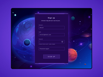 #DailyUI challenge 001 - sign up dark ui form galaxy game sci fi sign up tablet ui universe