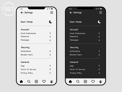 Daily UI Challenge - Settings #007 007 daily ui daily ui 007 daily ui challenge dark mode design instagram phone phone screen profile settings settings page social social media social profile ui ui design