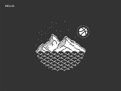 Hello Dribbble black and white first shot illustration mountains night ocean simple