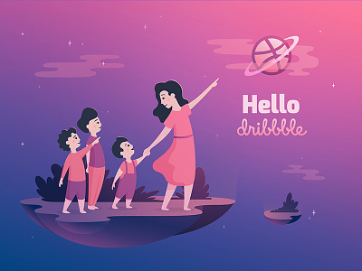Hello Dribbble children debut first shot hello dribbble illustration people space vector vector illustration