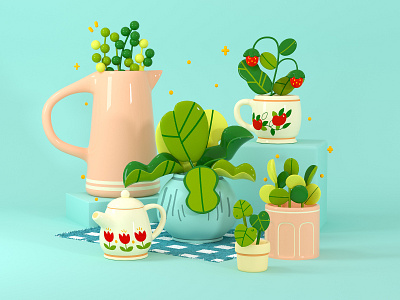 Cottagecore Illustration 3d illustration 3d rendering c4d cinema 4d fruit house plant leaf nature plants strawberry