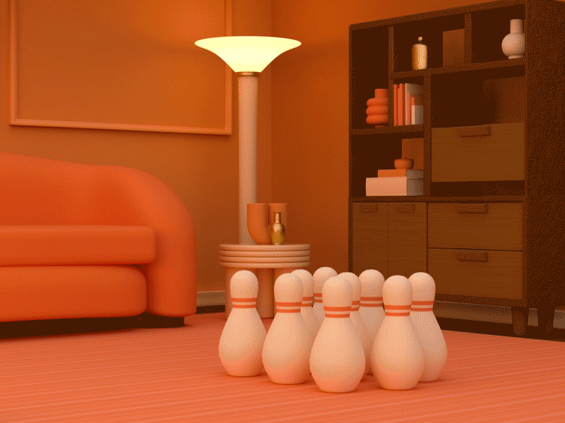 Bowling 3d animation 3d illustration 3d rendering ambient lighting bowling ball bowling pins cinema 4d fun furniture furniture store games gold illustration interior design living room pink play warm tones