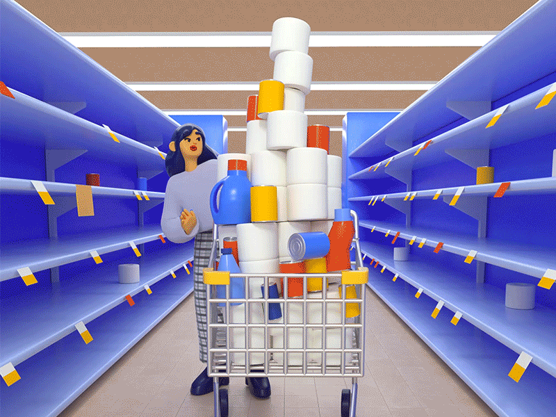 Panic buying 3d animation 3d illustration 3d rendering c4d cans character design cinema 4d covid environment food and drink grocery aisle grocery store household items illustration shopping toilet paper