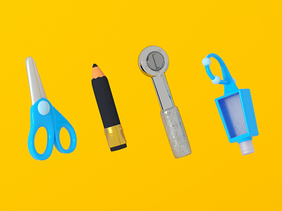 Favorite tools 3d illustration 3d rendering c4d cinema 4d hand sanitizer mechanic office supplies pencil scissors tools wrench