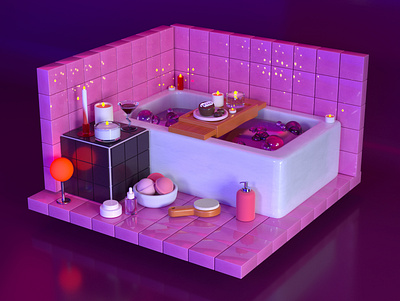 Self care 3d illustration 3d rendering bath bomb bathroom bathtub bubbles candles cinema 4d female girl illustration interior design makeup scene tiles water