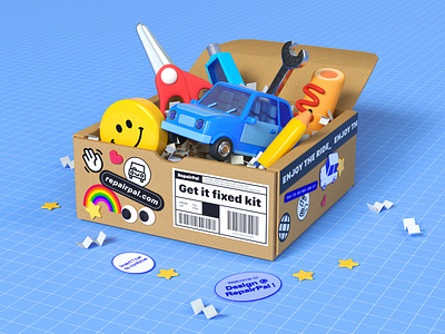 Employee care package 3d illustration 3d rendering automotive repair care kit cars character design cinema 4d employee experience employee swag environment get it fixed illustration items office supplies scissors stickers toy vehicle website