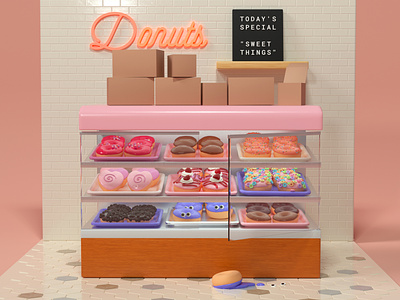 Donuts 3d illustration 3d rendering bakery character design cinema 4d creature desserts donut shop food furniture grocery store illustration interior design pastries pink sweets toy