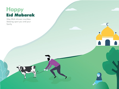 Eid Mubarak 2018 adha branding characterwithcow color eid mosque motivated simpleuidesign treeandcow ui whiteandgreencombination