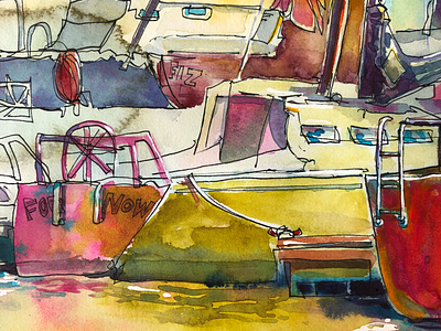 Sailing drawing illustration ink painting watercolor