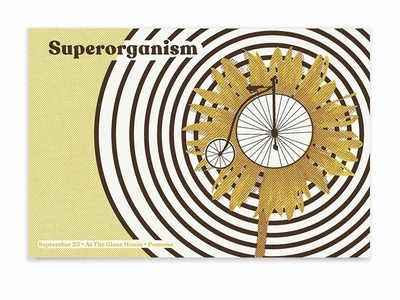 Superorganism Poster pattern radial printmaking print screen print metallic gold flower bike poster gig poster