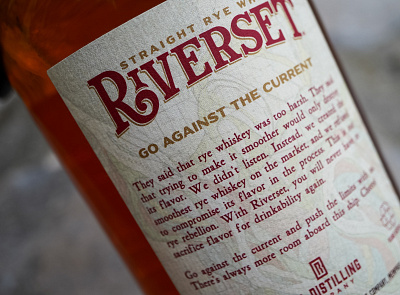 Riverset Back Label bourbon brand identity branding design distillery gold illustration label logo map marquee packaging photography red river riverset rye straight whiskey